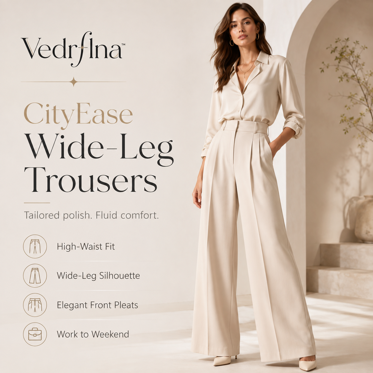 Vedrflna™ CityEase Wide-Leg Trousers – Women’s High-Waist Tailored Pants