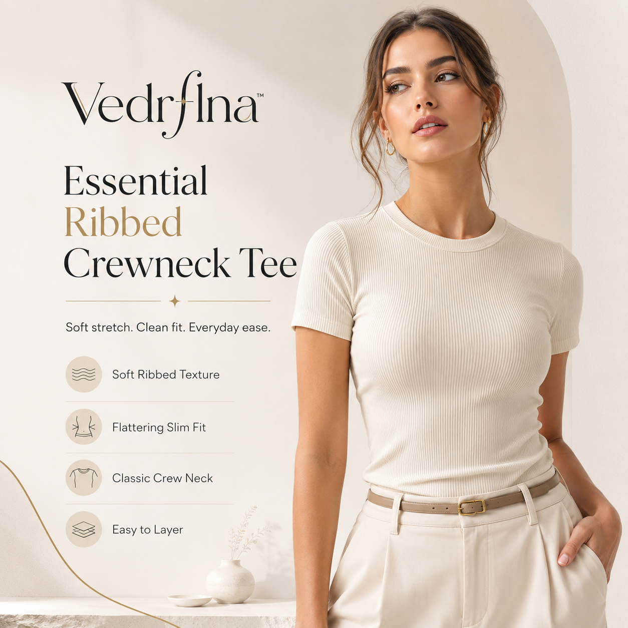 Vedrflna™ Essential Ribbed Crewneck Tee – Women’s Slim-Fit Stretch Cotton Basic Top