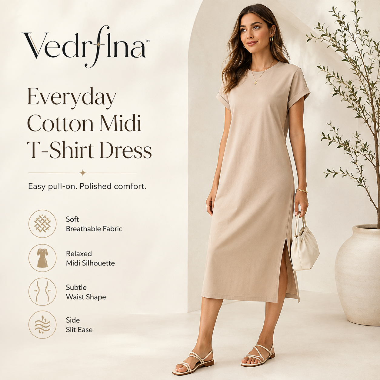 Vedrflna™ Everyday Cotton Midi T-Shirt Dress – Women’s Relaxed Short Sleeve Dress