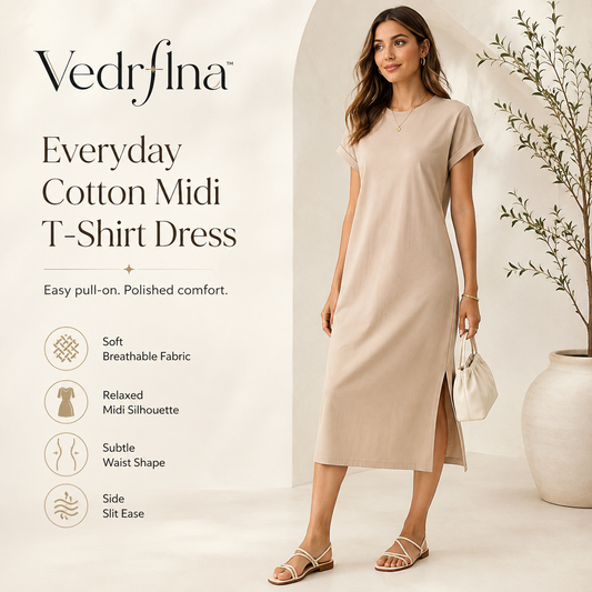 Vedrflna™ Everyday Cotton Midi T-Shirt Dress – Women’s Relaxed Short Sleeve Dress